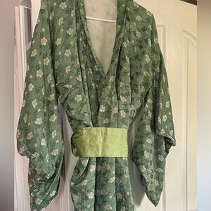 Vintage traditional authentic Japanese kimono, sage like green silk long kimono